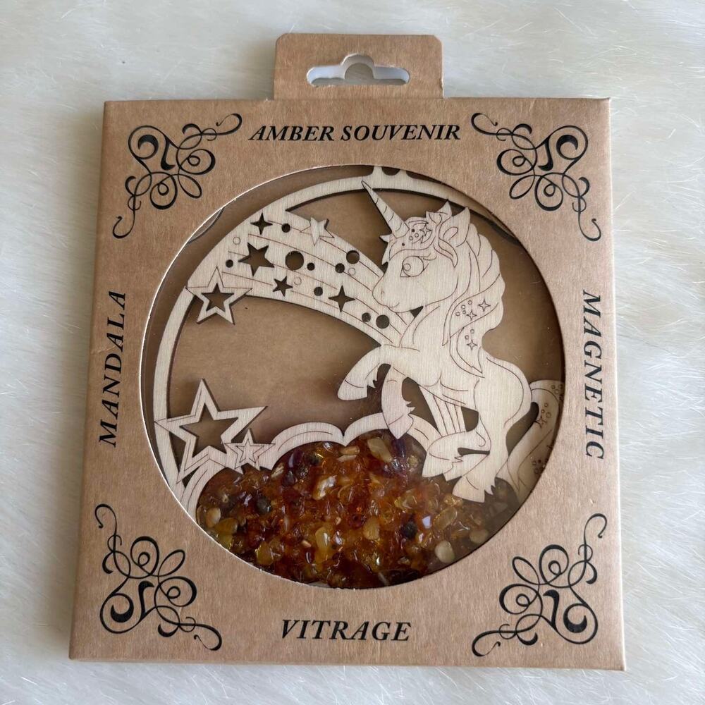 Finland Baltic Amber Unicorn Wood Magnet Vitrage Mandala Souvenir Gift Decor